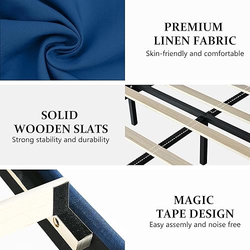 Miniatura 46 de BarnFurin Base de cama de tamaño matrimonial con cabecero, cama de plataforma tapizada con cabecera capitonada con botones ajustables, marco de cama