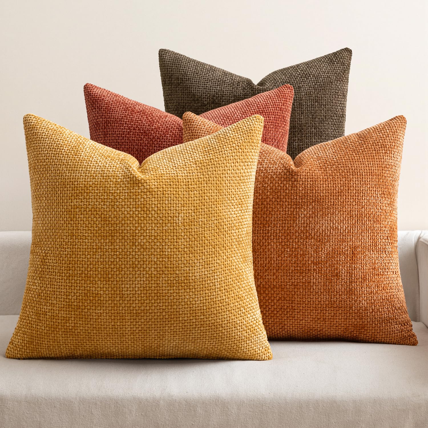 MIULEE Decorative Chenille Fall Pillow Covers Orange Brown 18x18 Pack of 4