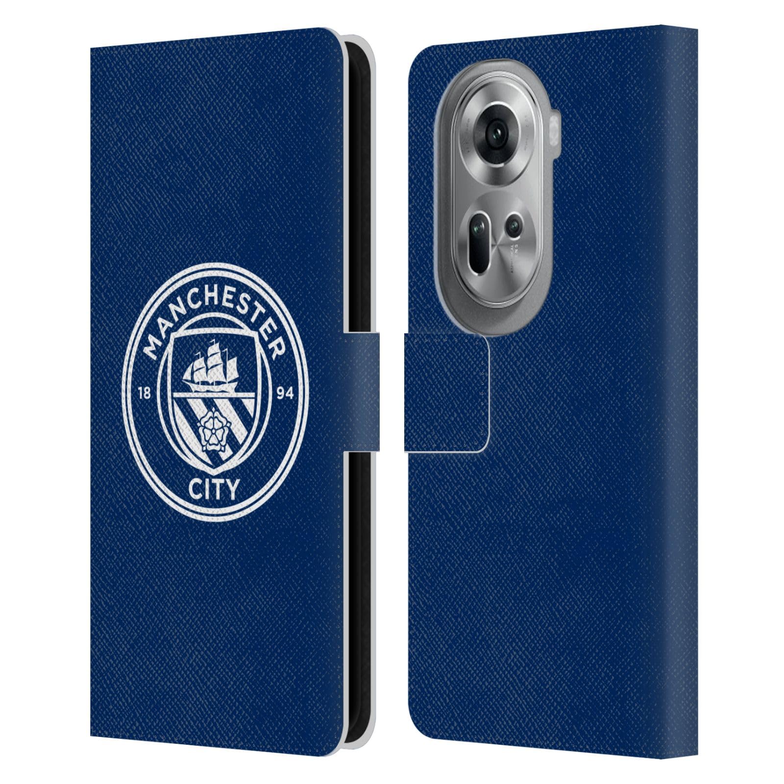 Head Case Designs Officially Licensed Manchester City Man City FC Obsidian White Mono Badge Leather Wallet Case Compatible with Oppo Reno11 Pro