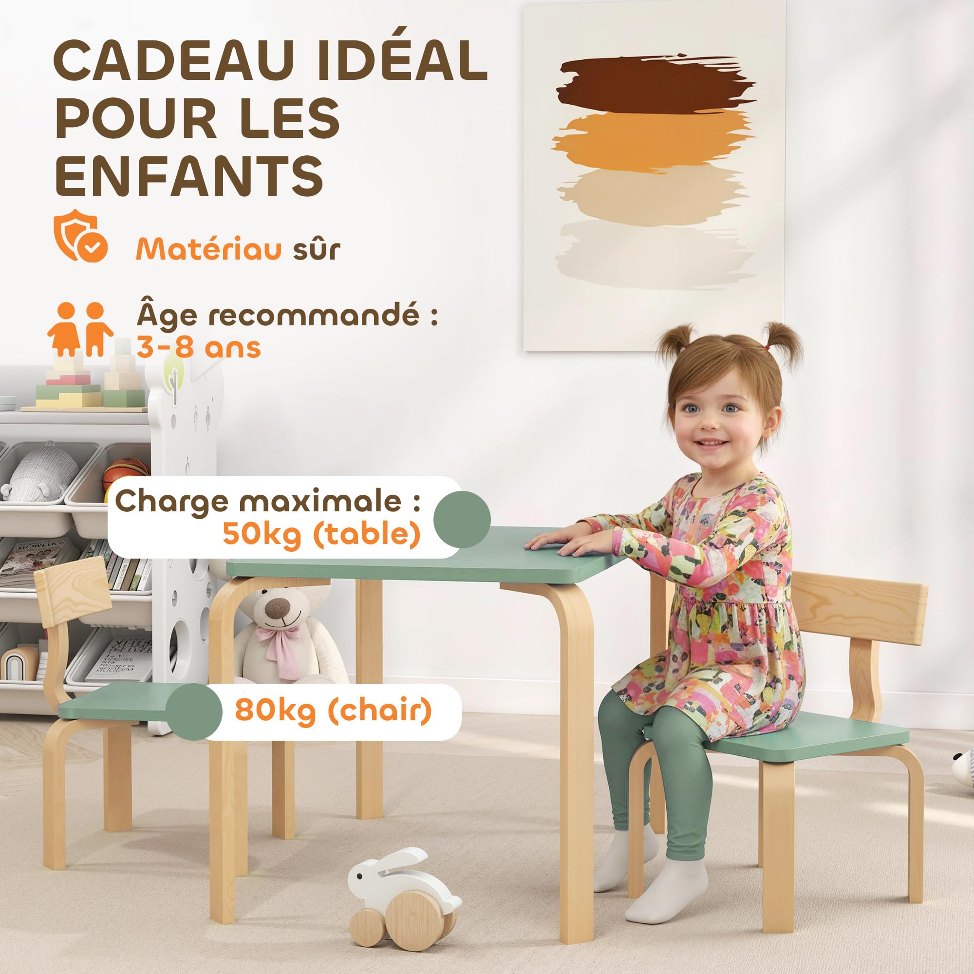 AIYAPLAY Table Enfant avec Chaise, Ensemble Table et 2 Chaises en Bois pour Dessiner, Jouer, Étudier, 3-8 Ans, Vert