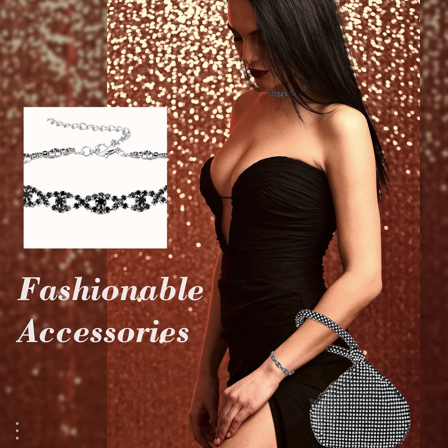 MTLEE 4 Pieces Rhinestone Necklace Choker Bracelet Earring Clutch Purses Jewelry Set Women Crystal Triangle Bling Diamond Purse Rhinestone Bag for Wedding Party - Image 5