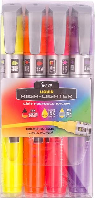 SERVE Liquid Ink Highlighter, 4 PCS PET Pouch (Yellow, Orange, Pink, Purple)