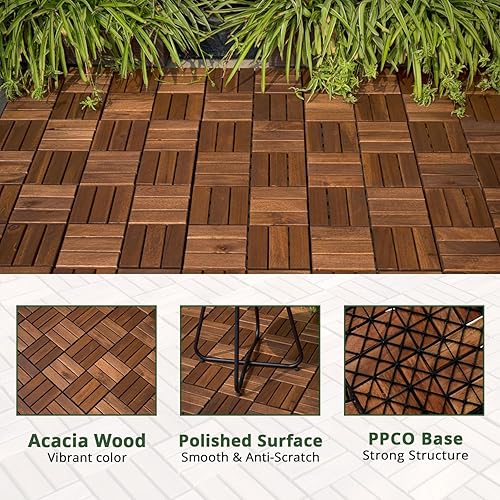 Miniatura 2 de BEEFURNI Azulejos de acacia entrelazados (12 x 12 pulgadas, paquete de 10), azulejos de madera de acacia que se entrelazan al aire libre todo tipo