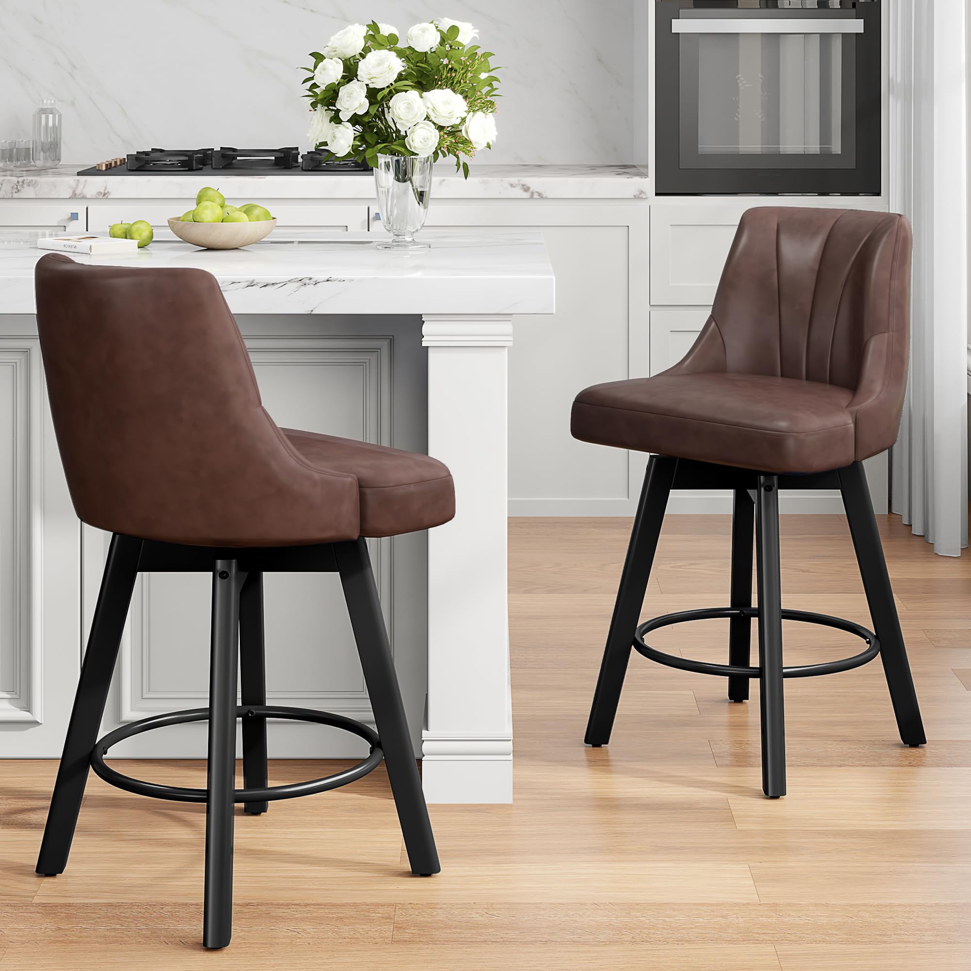 REONEY Counter Height Swivel Bar Stool, 24" Upholstered PU Leather Barstools Set of 2, Counter Stool Chair with Back & Solid Wood Legs for Kitchen