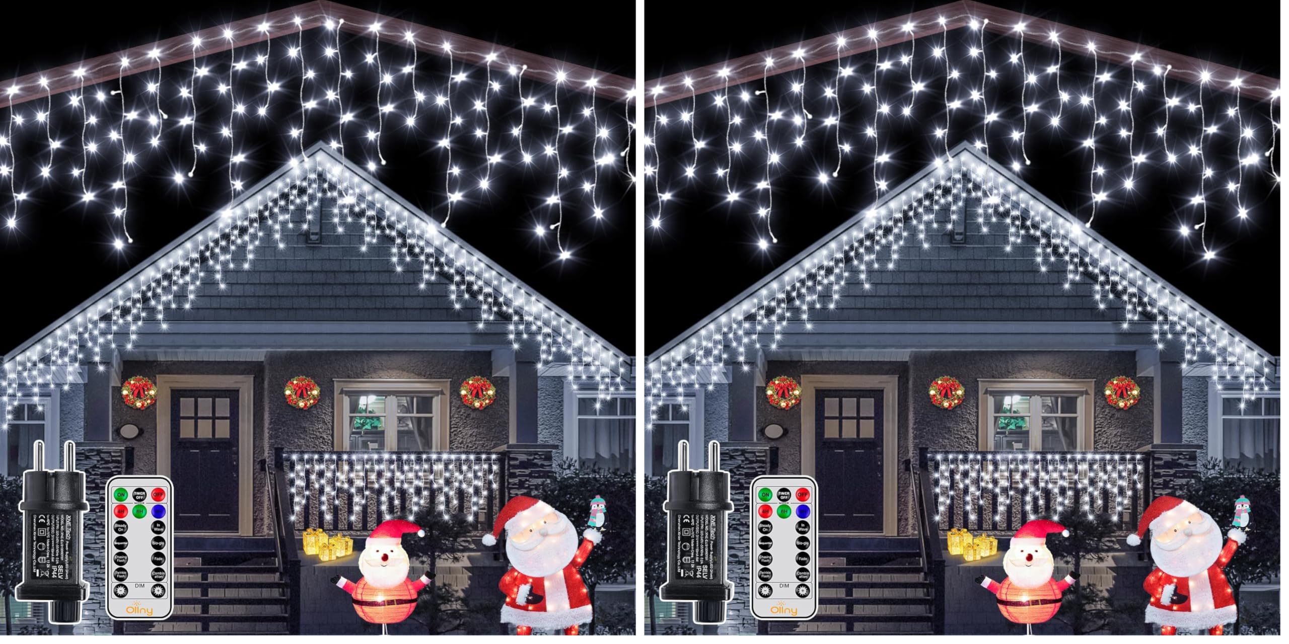 Ollny Eisregen Lichterkette außen 12m 504LEDs 84 Saiten Weihnachtsbeleuchtung außen Kaltweiß IP44 wasserdicht 8 Modi mit Fernbedienung Timer EU Stecker für Pavillon Balkon (Packung mit 2)