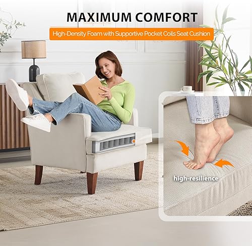 Miniatura 4 de VINGLI Mid-Century Modern Accent Chairs Set of 2, Beige Upholstered Armchair Comfy Sofa Chairs Reading Chair High Back for Living Room Bedroom