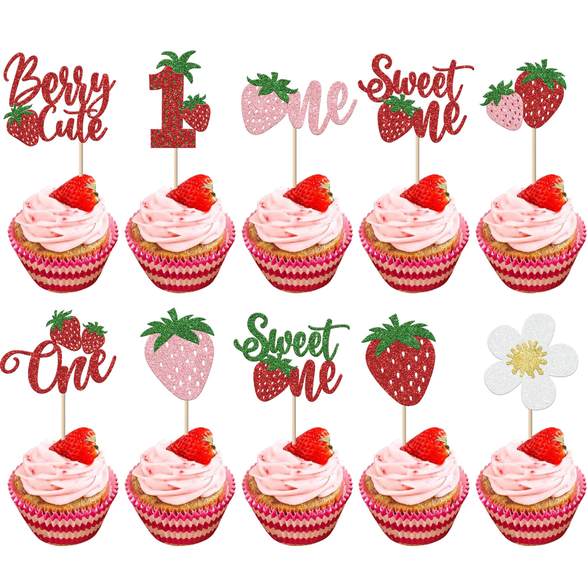 Xsstarmi 30 Pack Sweet One Cupcake Toppers Glitter Berry Cute Cupcake Picks Sweet Berry Cupcake Decorations for Strawberry Theme Baby Shower 1st Birthday Party Cake Decorations Supplies โ image 1