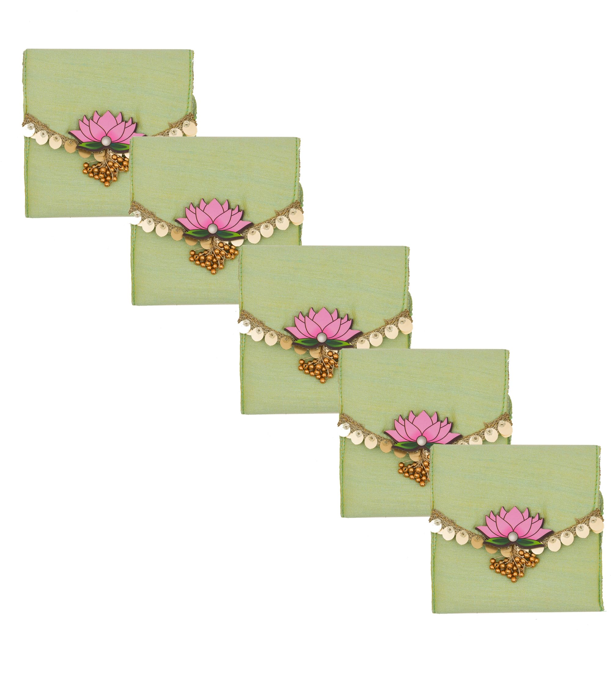 Sanvatsar Decorative Gift Envelope, Orange Fabric with Lotus Brooch and Gold Coin Border (Green, 5)-image-23