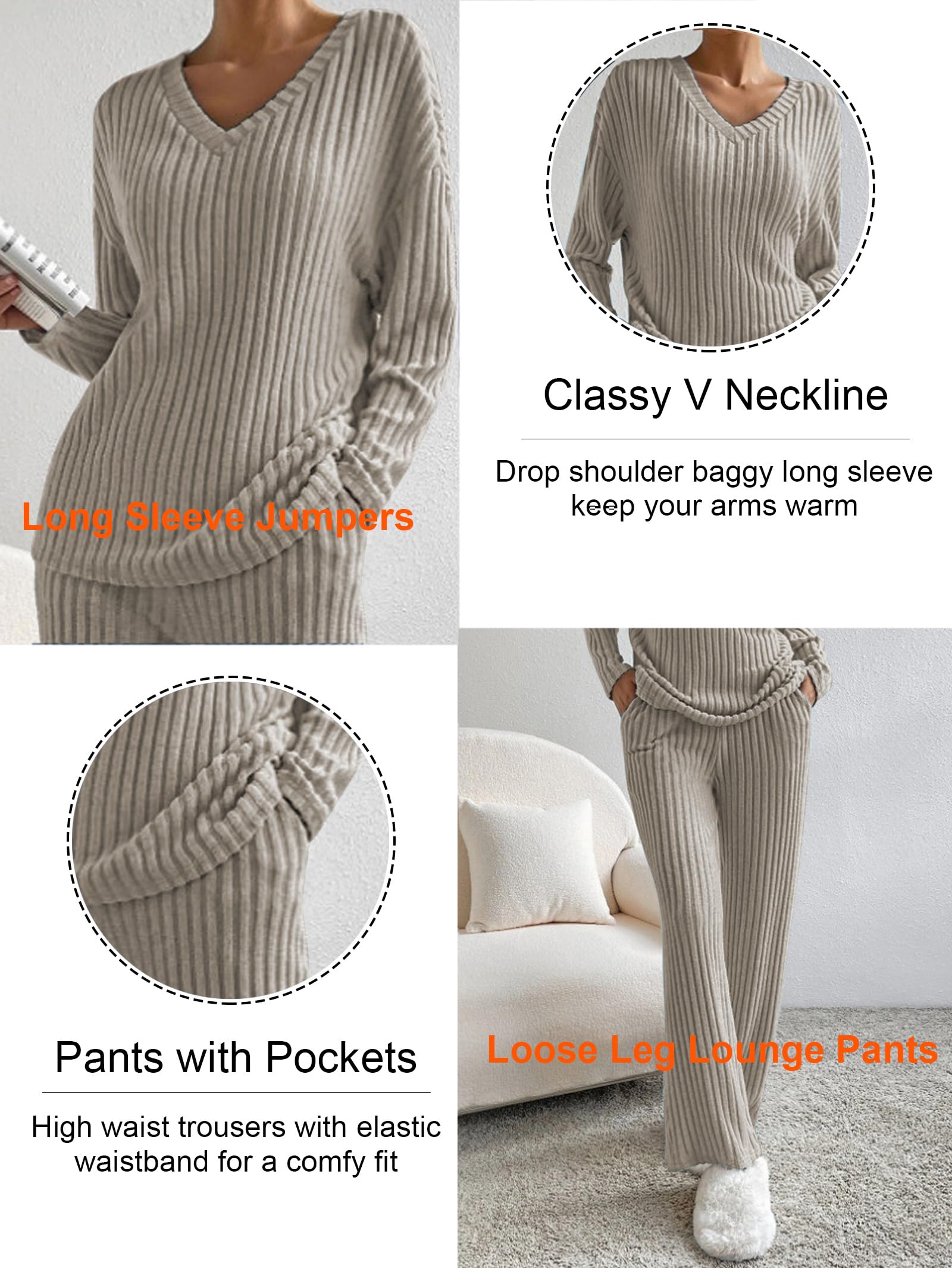 Famulily Pigiama da donna, set da notte da donna, a costine, 2 pezzi, abbigliamento per il tempo libero, abbigliamento da casa, scollo a V, maniche lunghe e pantaloni a gamba larga con tasche