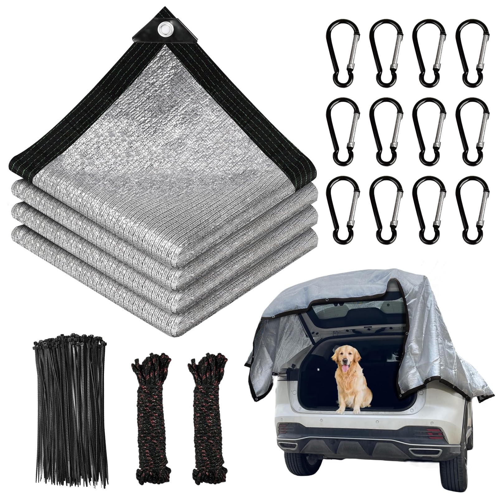 Rete Ombreggiante per Cani,Rete Ombreggiante per Auto 3x4m,Alluminio Riflettente Rete Ombreggiante,Rete Telo Ombra con Occhielli,Adatto per Auto,Suv,Caravan,Strada,Campeggio