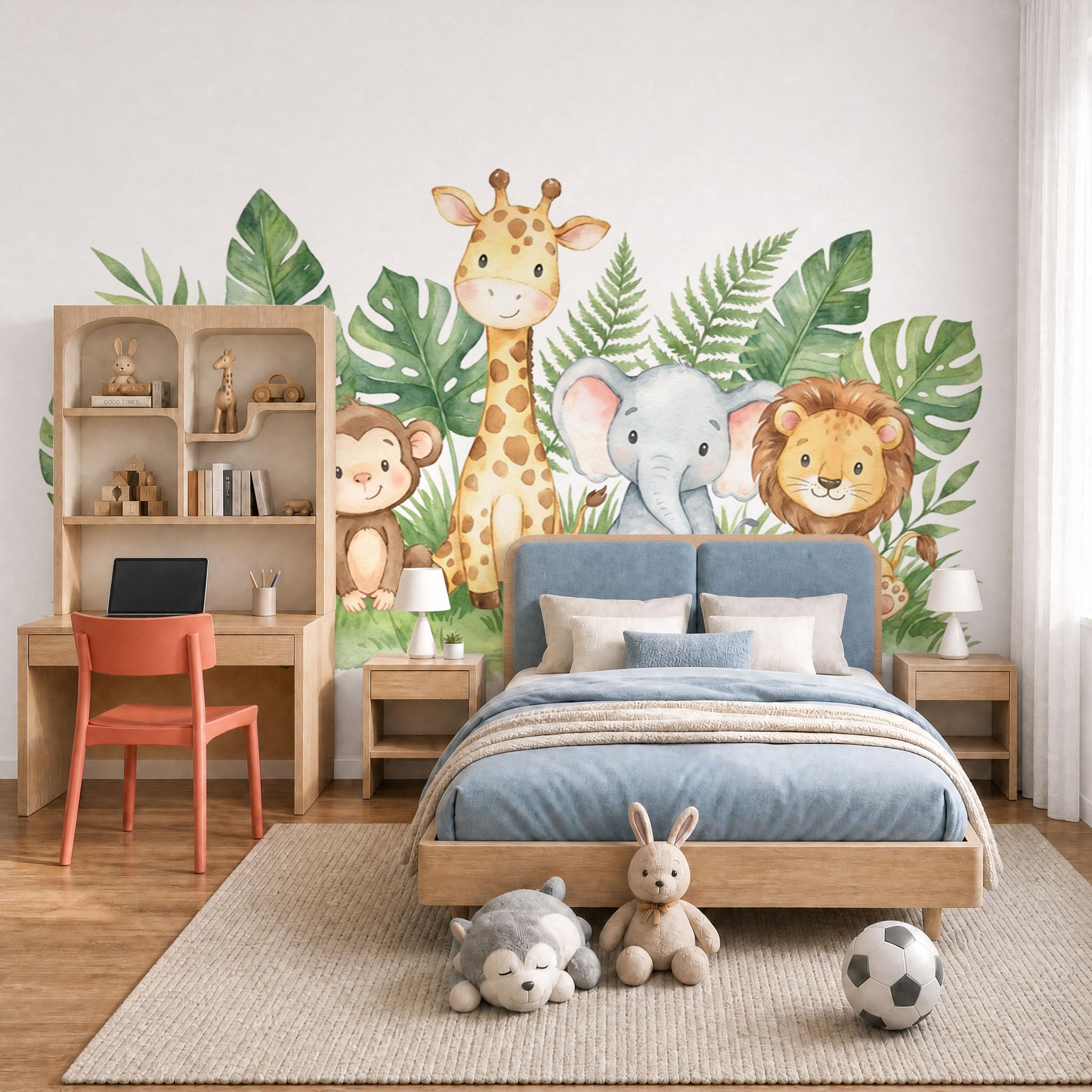 Papier peint panoramique lion singe vert pour chambre d'enfant 250x175 cm