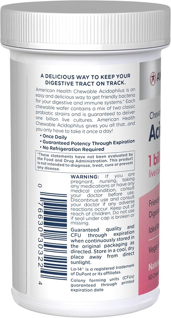 American Health Daily Chewable Tablet Acidophilus, 1 Billion Live Cultures, Beneficial Bacteria for The Digestive & Immune Systems, Strawberry, 60 Count