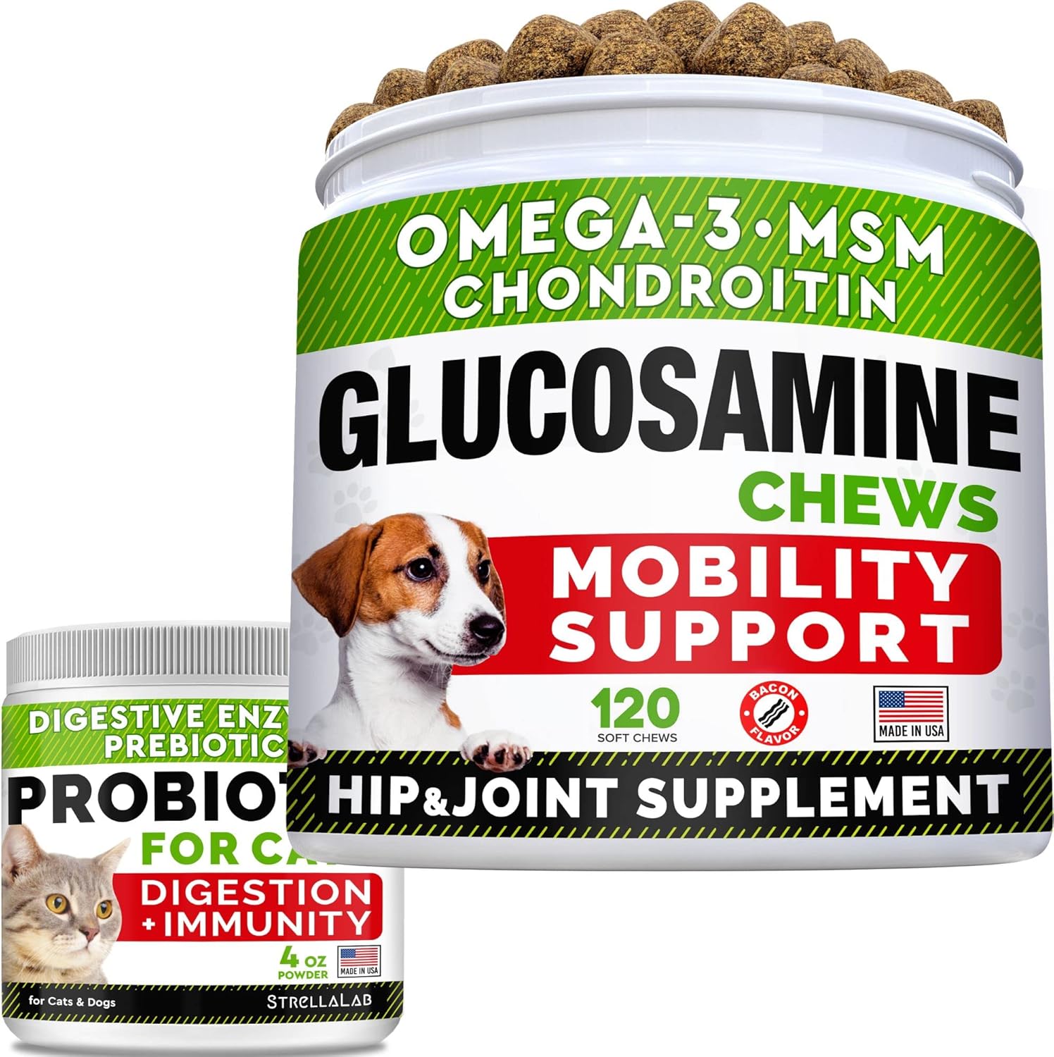 Glucosamine Treats + Probiotics Powder for Cats and Dogs Bundle - Joint Supplement w/Omega-3 Fish Oil + Relieves Diarrhea, Upset Stomach - Chondroitin, MSM + Digestive Enzymes, Prebiotics - Made in US