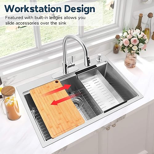 Miniatura 8 de Onader Fregadero de cocina de 33 x 22 pulgadas con grifo de cocina sin contacto, fregadero de estación de trabajo de granja de acero inoxidable de