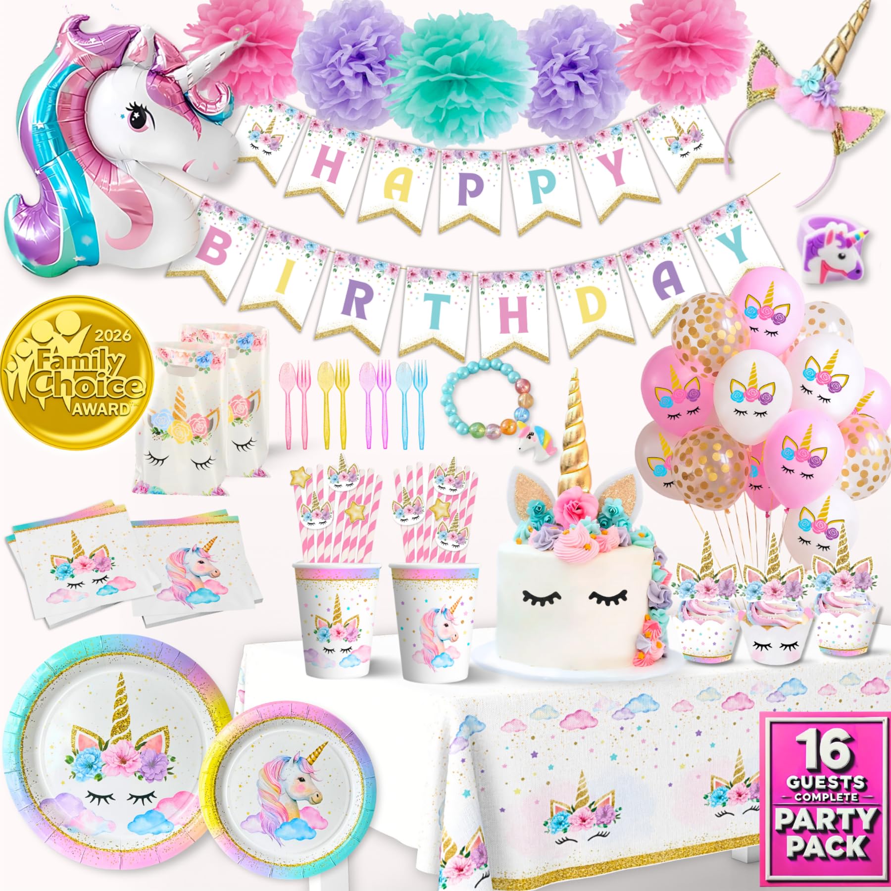 152 Pc Premium Unicorn Birthday Decorations Set for Girls – Complete Unicorn Party Decorations Supplies Kit with Plates, Cups, Napkins, Balloons,