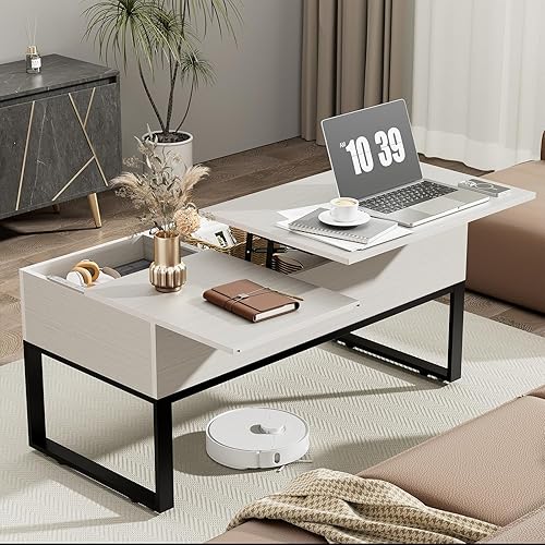 Miniatura 6 de VEELOK Mesa de centro elevable con compartimento de almacenamiento oculto, 2 cajones y estante de exhibición, mesa de centro elevable para sala de