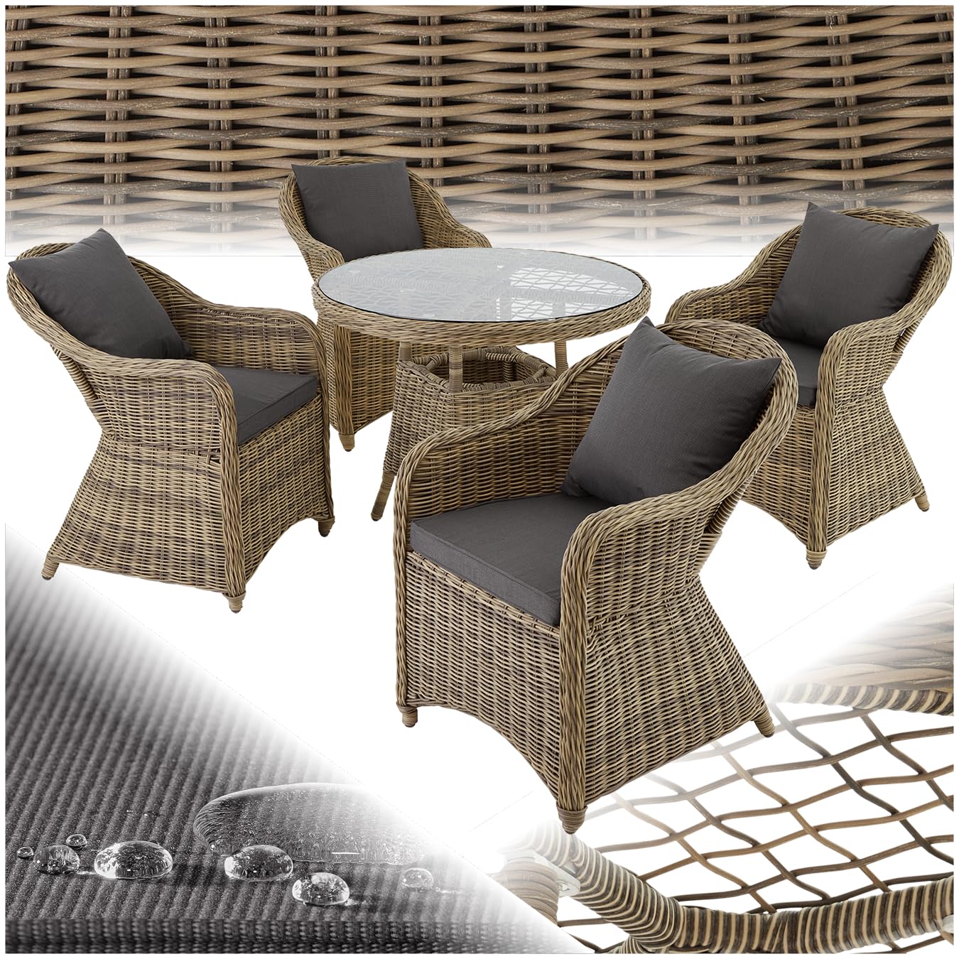 tectake® Ensemble de Salon de Jardin Exterieur 4 Places en Résine tressée & Aluminium, Table de Jardin, 4 Fauteuil en rotin, 8 Coussins imperméables Inclus, Mobilier de Jardin pour Amenagement Balcon