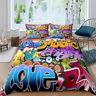 Feelyou Hippie Graffiti Duvet Cover Hip Hop Sports Bedding Set for Kids Boys Teens Rock Music Comforter Cover Set Trippy Abstract Art Quilt Cover with 2 Pillowcases Queen Size
