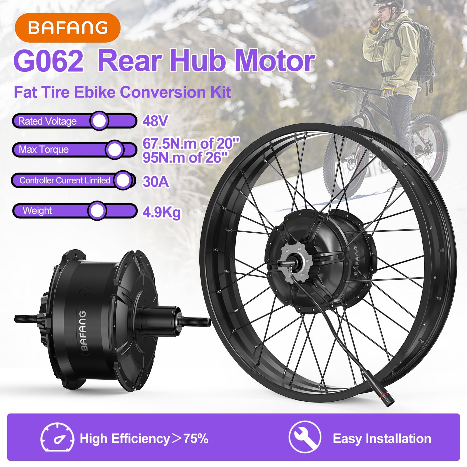 BAFANG 48V Kit Conversion Bicicleta Electrica G062 Motor Trasero 20" 26" | Pantalla y Batería Opcionales - Kit Conversión Motor sin Escobillas Fat Tire Ebike para Ciudad, Nieve, Playa y MTB 175mm