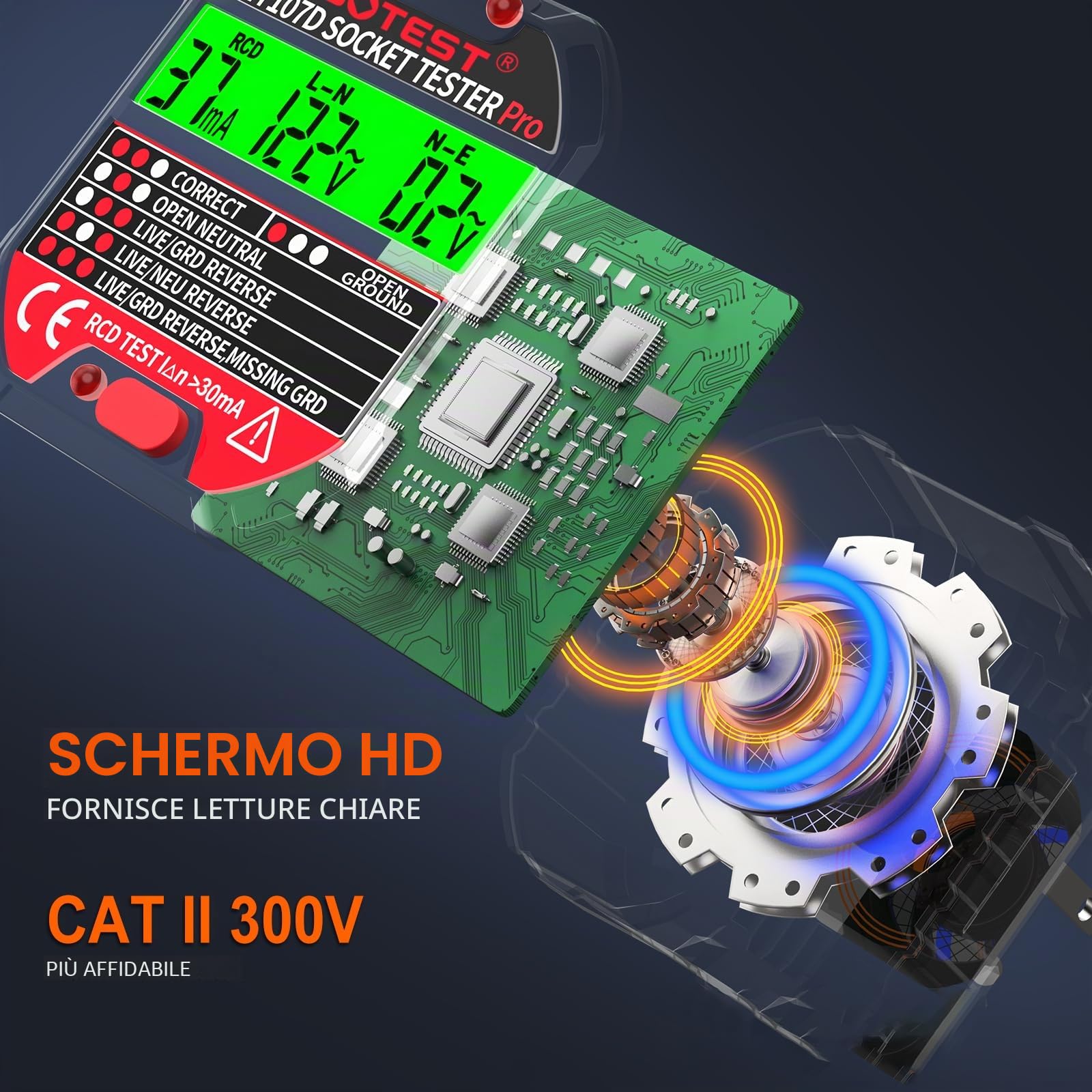 Tester de Prese, Tester per Circuiti Elettrici con Test RCD e Display LCD, Rilevatore Cavi Elettrici 6 tipi di Diagnosi dei Guasti, Visualizzazione tensione 90-250 V/CAT.II 300V (EU Plug)