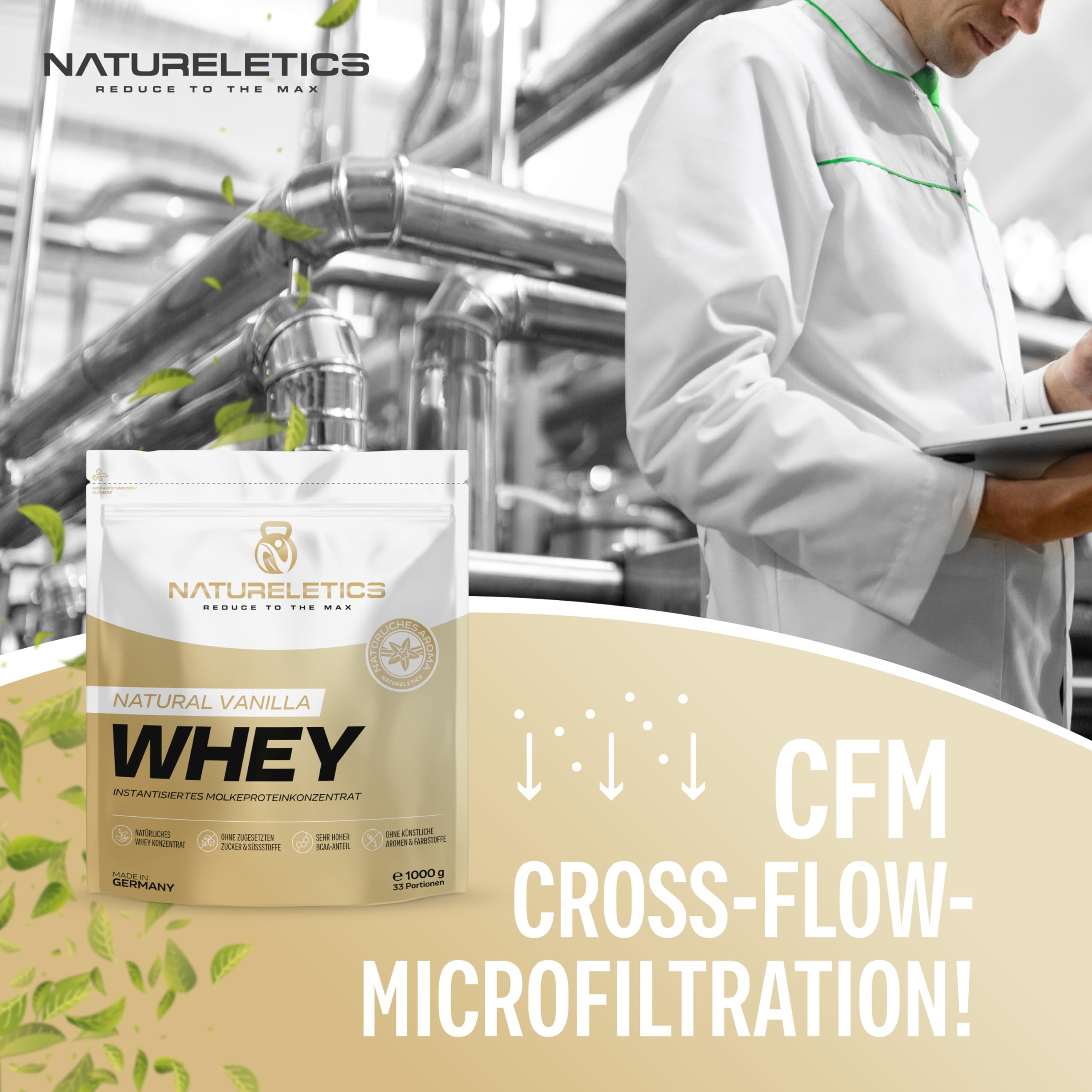 NATURELETICS VANILLE Whey Protein Ungesüßt ohne Süßstoffe und Zuckerzusatz Natürliches Premium Eiweißpulver, 1kg ohne Aspartam & Sucralose, Low Carb, Hoher BCAA-Anteil, Made in Germany