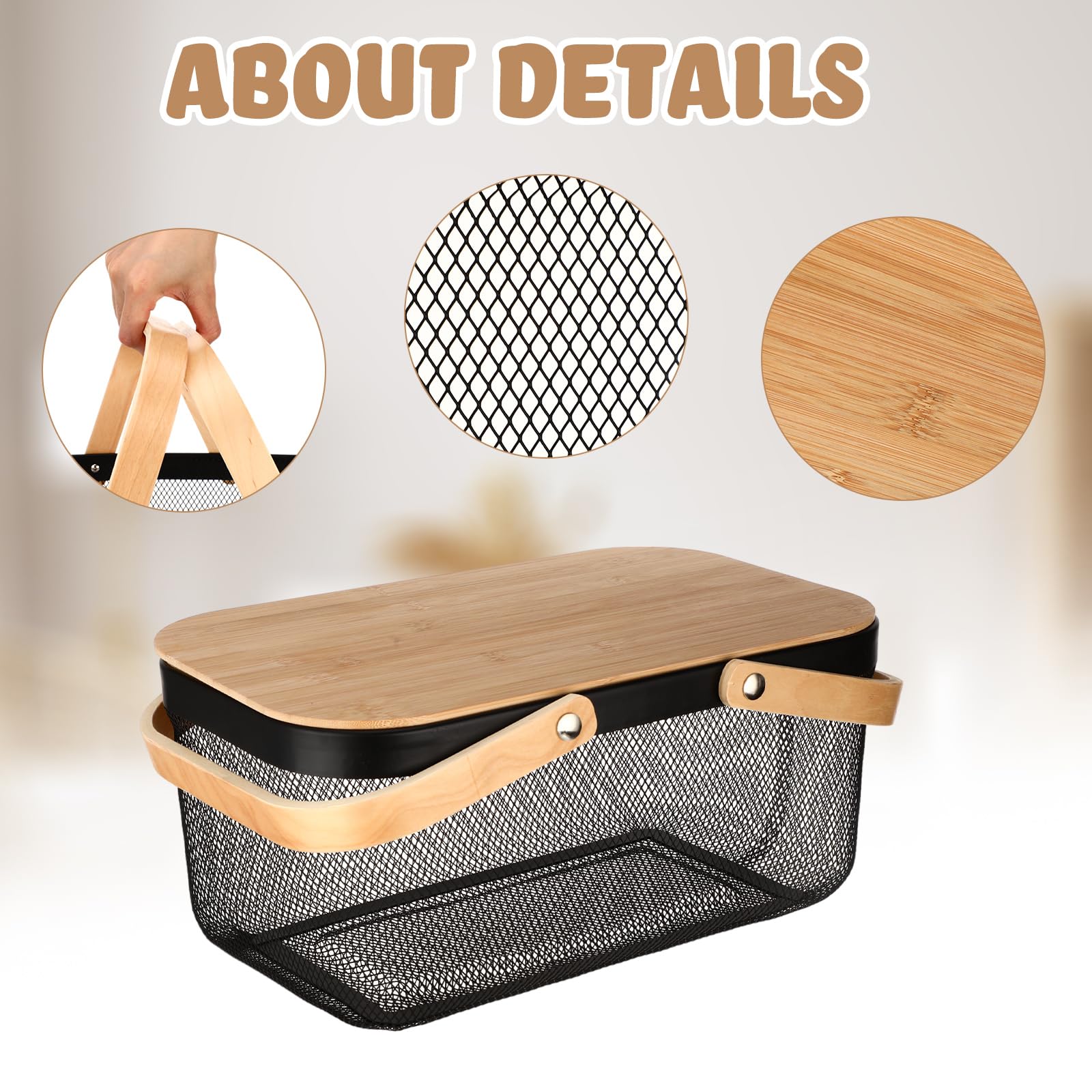 4 pcs mesh steel basket with handles and lids 16 x 9.8 inch large wire mesh basket garden baskets for gathering vegetables fruit harvest storage organizer for kitchen drying food, black