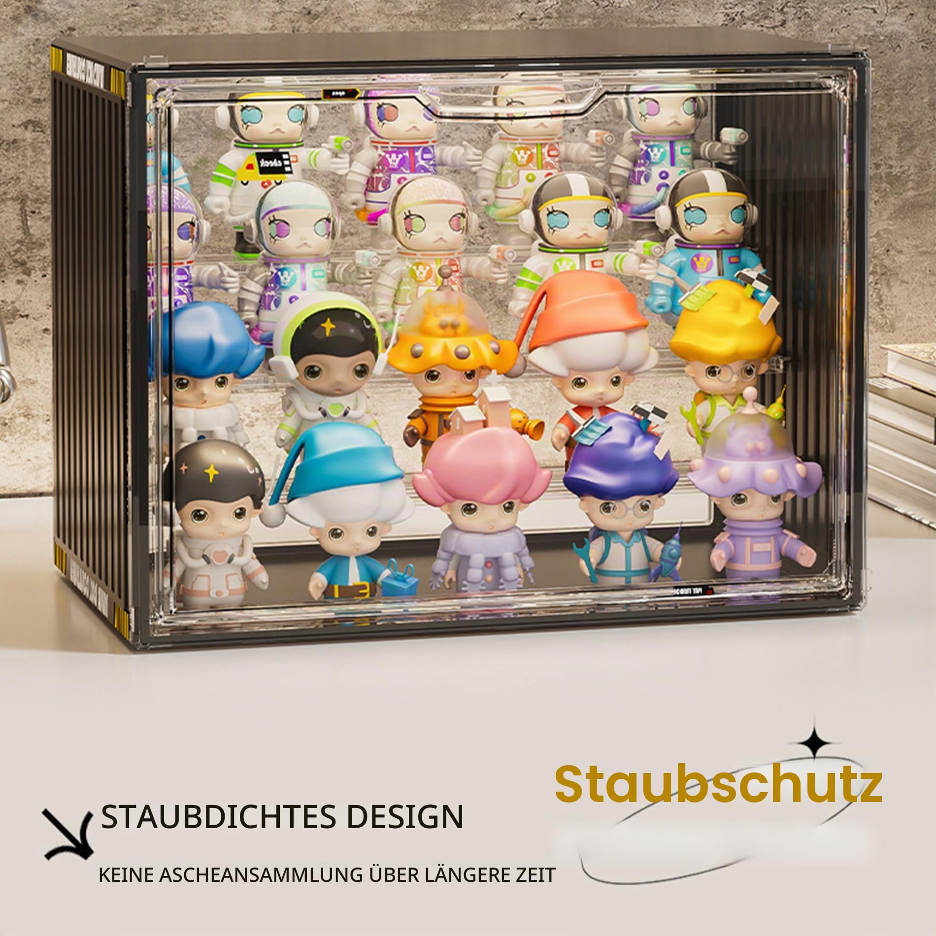 4-Tier Stapelbares Acryl Display Case für Pop Mart & Blind Box Spielzeug mit doppelter Magnettür, Staubdichtes Acryl und platzsparendes Display Case, Werkzeugfreie Montage (Clear, XL-1Pack-4Tier)