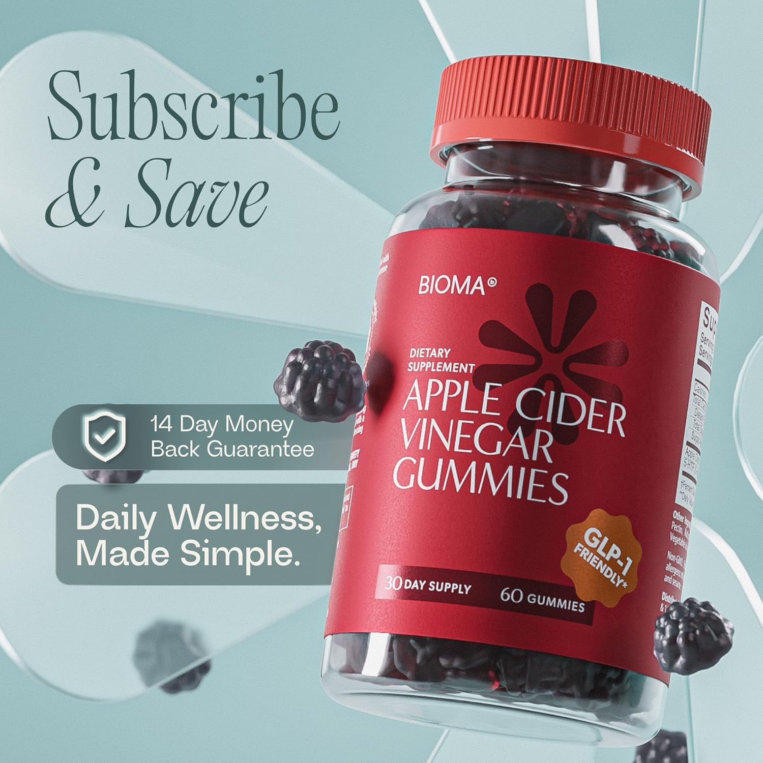 BIOMA Apple Cider Vinegar Gummies Sugar Free - ACV Gummies with 5-HTP & Prebiotic Fiber for Weight Loss, Appetite Control & Digestive Health - GLP-1 Friendly (60 Gummies - 30 Day Supply) - Image 9