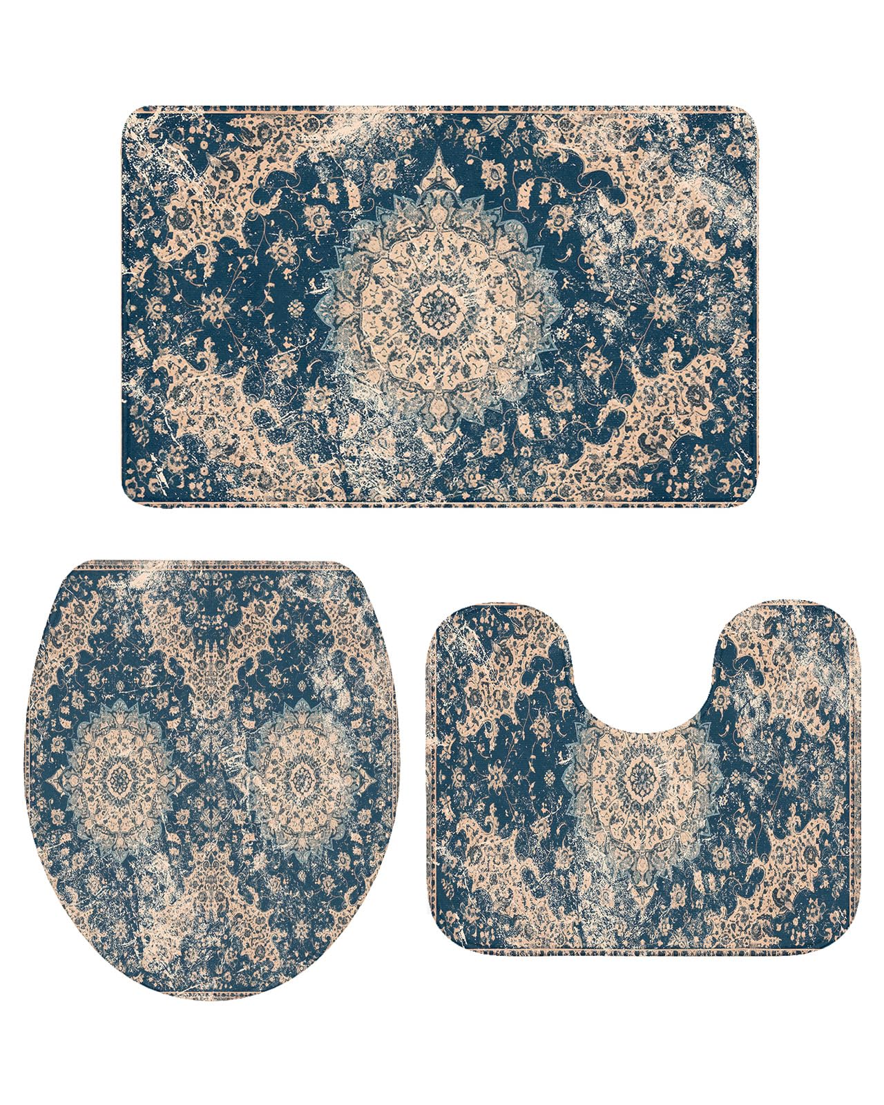 Bathroom Rugs and Mats Sets, 3 Piece Vintage Flower Textured Blue Bathroom Sets, Rug Toilet Seat Lid Cover Non Slip Mat Anti-Skid Pad for Tub Shower &