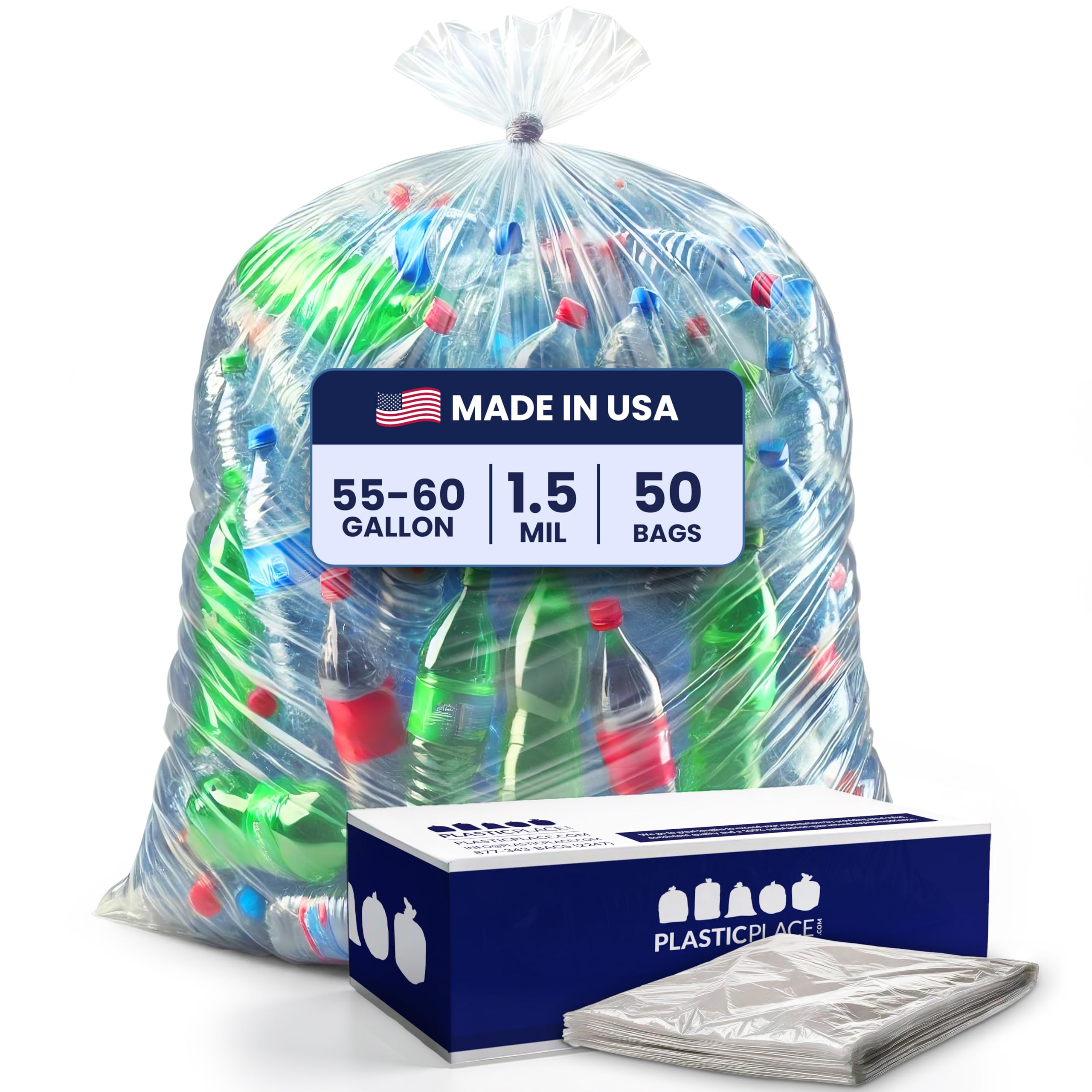Plasticplace 55-60 gallon Trash Bags │ 1.5 Mil │ Clear Heavy Duty Garbage Can Liners │ 36” x 58” (50 Count) (T55415CL)