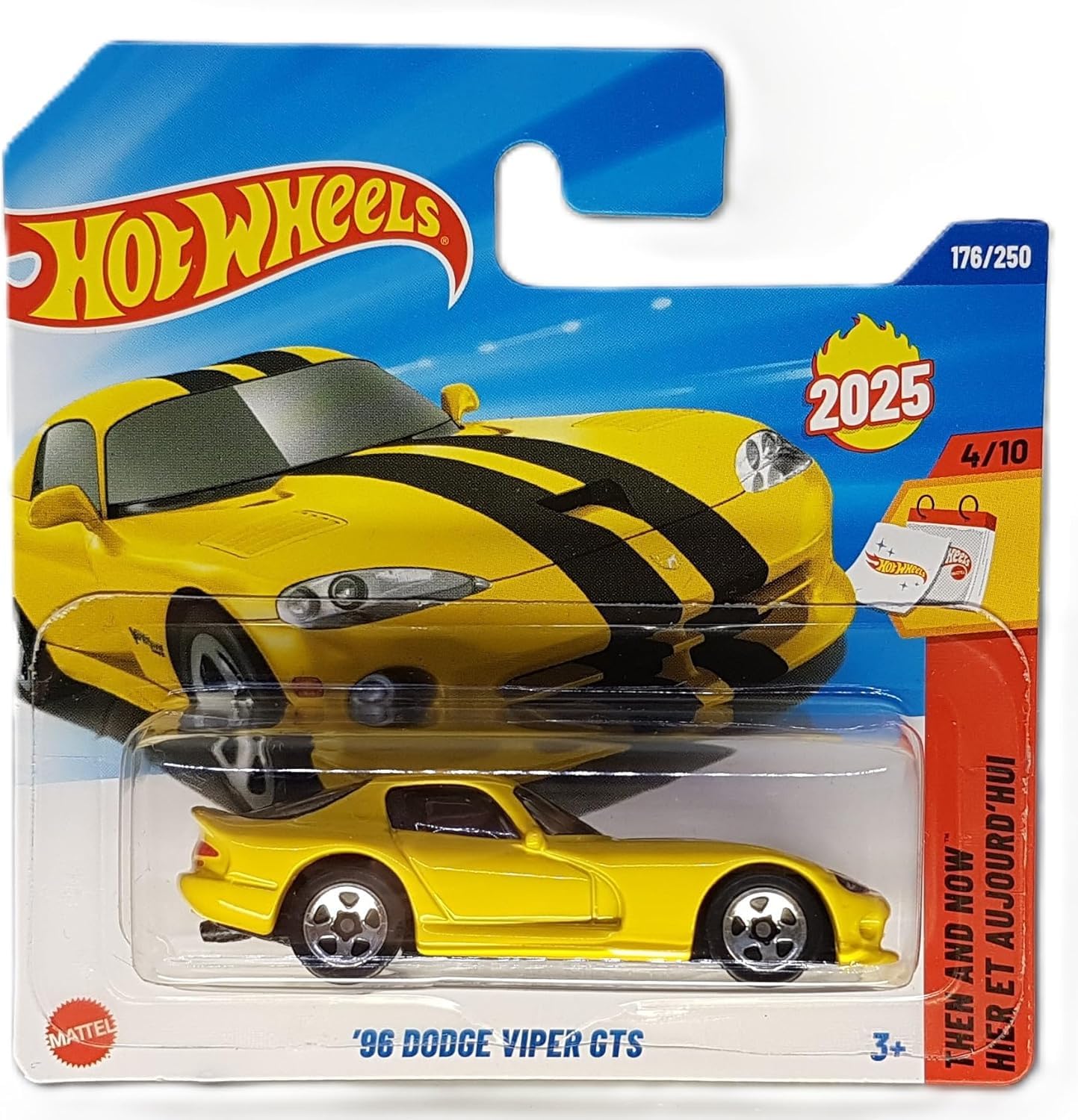 Hot Wheels, '96 Dodge Viper GTS, Then and Now 4/10, JBB95, Short Card, Yellow, Mattel 2025