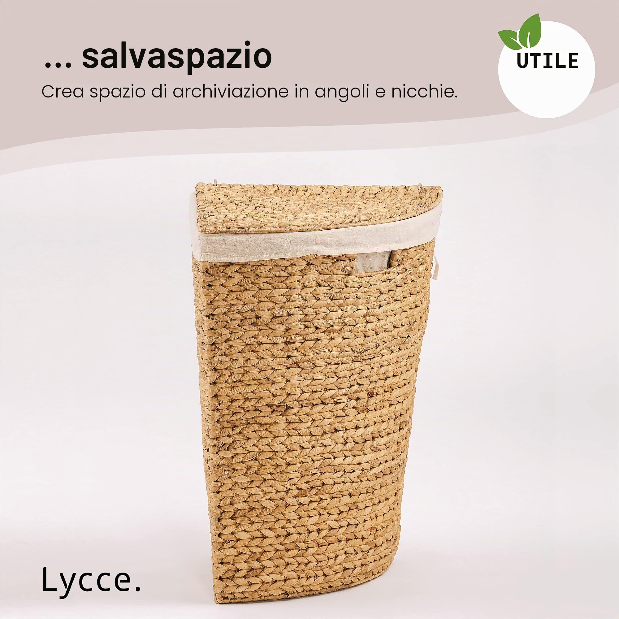 Lycce Cesto portabiancheria con coperchio, 30 l, in giacinto d'acqua, rettangolare, salvaspazio, design naturale, piccolo