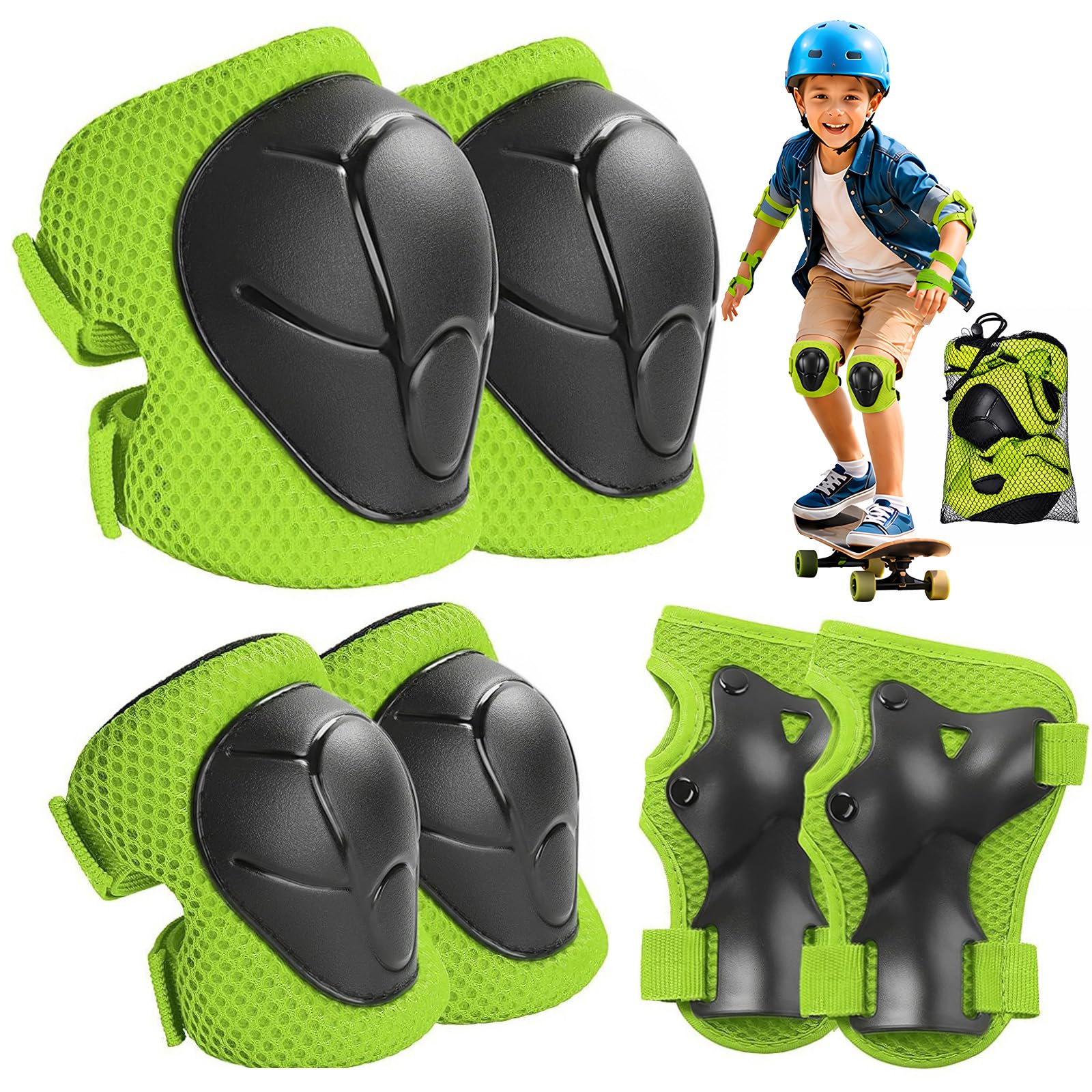 Lafefe 6PCS Fluorescent Green Kids Protective Gear Set Knee Elbow Wrist Pads, Lightweight Breathable Mesh & Hard Shell, Adjustable Straps Safety Pads S Size for Roller Skating Cycling Skateboard