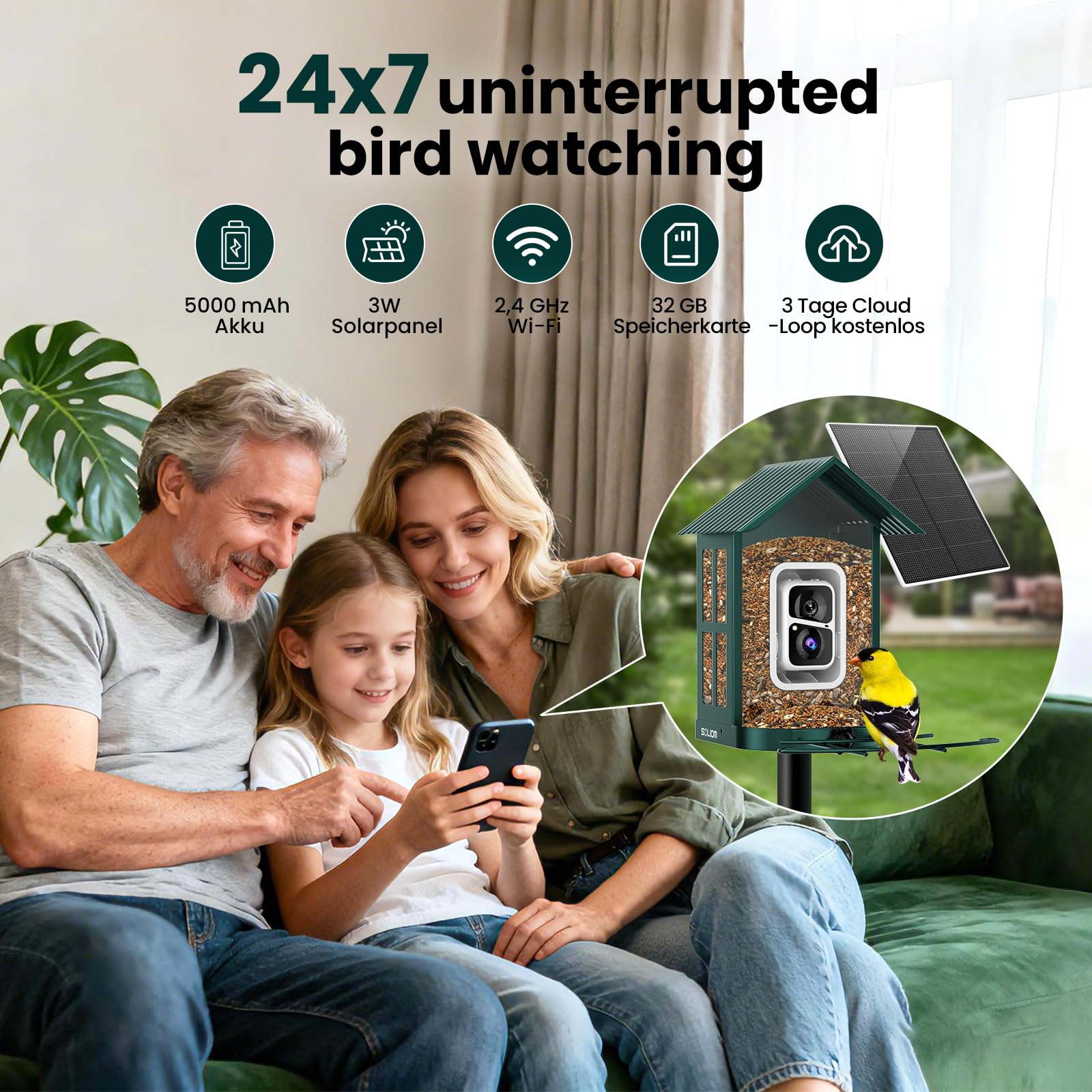 SOLIOM BF08 Pajarera con cámara, comedero para pájaros para el patio trasero, comedero para pájaros con grabación de vídeo, cámara WiFi, alimentador inteligente para pájaros con panel solar y