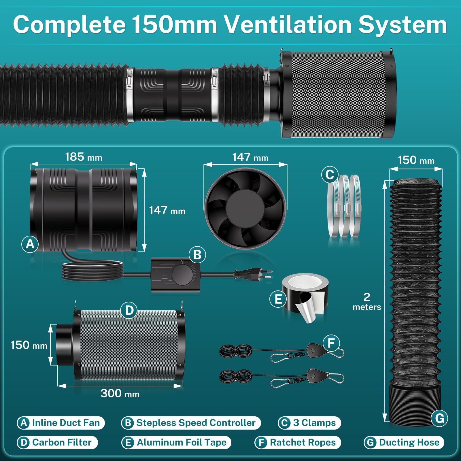 HG Power Growbox Abluft Set 150mm mit Aktivkohlefilter & Rohrventilator | Komplettes Grow Lüfter Set mit Aktivkohlefilter Ø150 × 250 mm, 2,5m Lüftungsschlauch, 3 Schlauchschellen und Alu-Klebeband