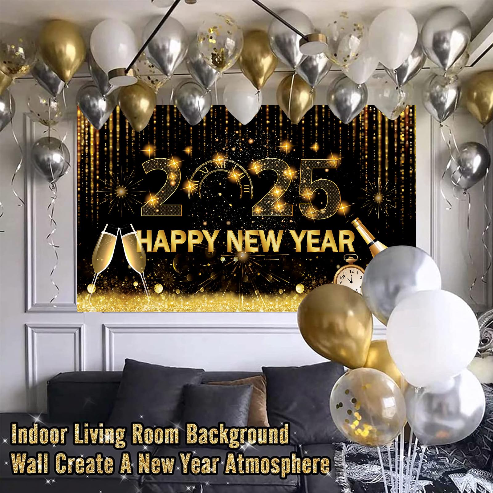 Extra Großes „Frohes Neues Jahr“ Banner – 180x110 Cm, Schwarz-Gold, Für Silvester-Partys & Deko