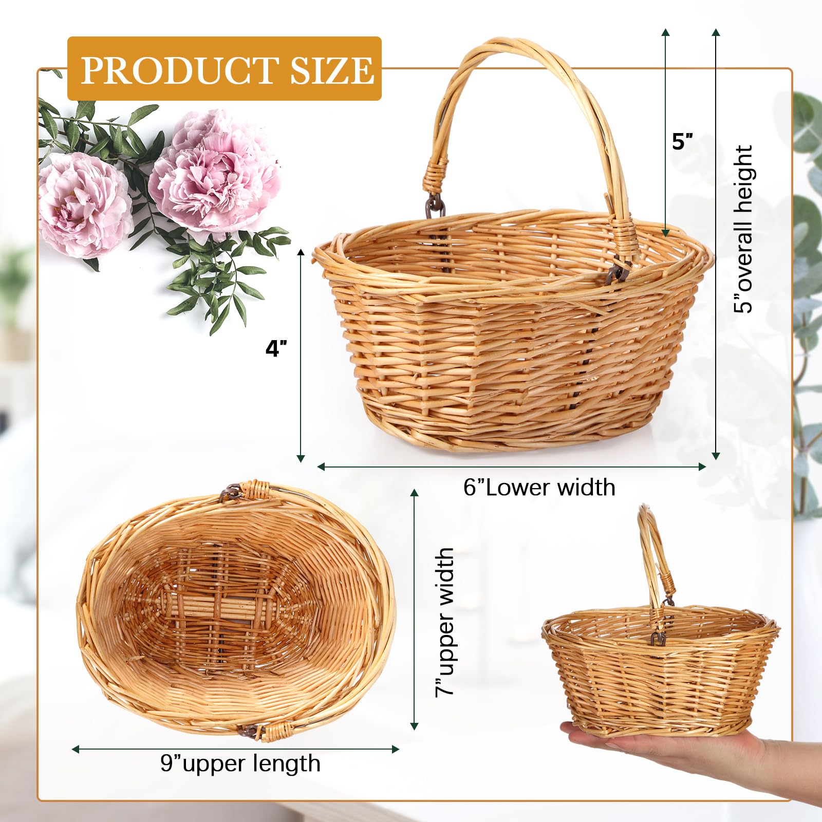 Barydat Kleiner Weidenkorb mit Griff, Blumenmädchenkörbe, oval, geflochten, Geschenkkorb für Hochzeit, Babyparty, Ostern, Camping, Picknick, Zuhause, Garten, Dekoration, 22,9 x 17,8 x 10,2 cm, Khaki