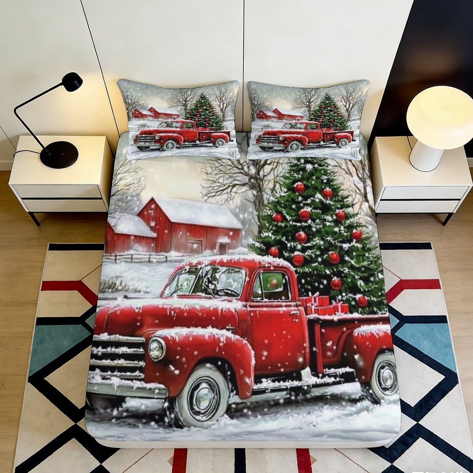 3D Printed Christmas Snow Scene Fitted Sheet Microfiber Deep Pocket Non-Slip Xmas Tree Mattress Fitted Cover, Bedding Protection 140x200x25cm