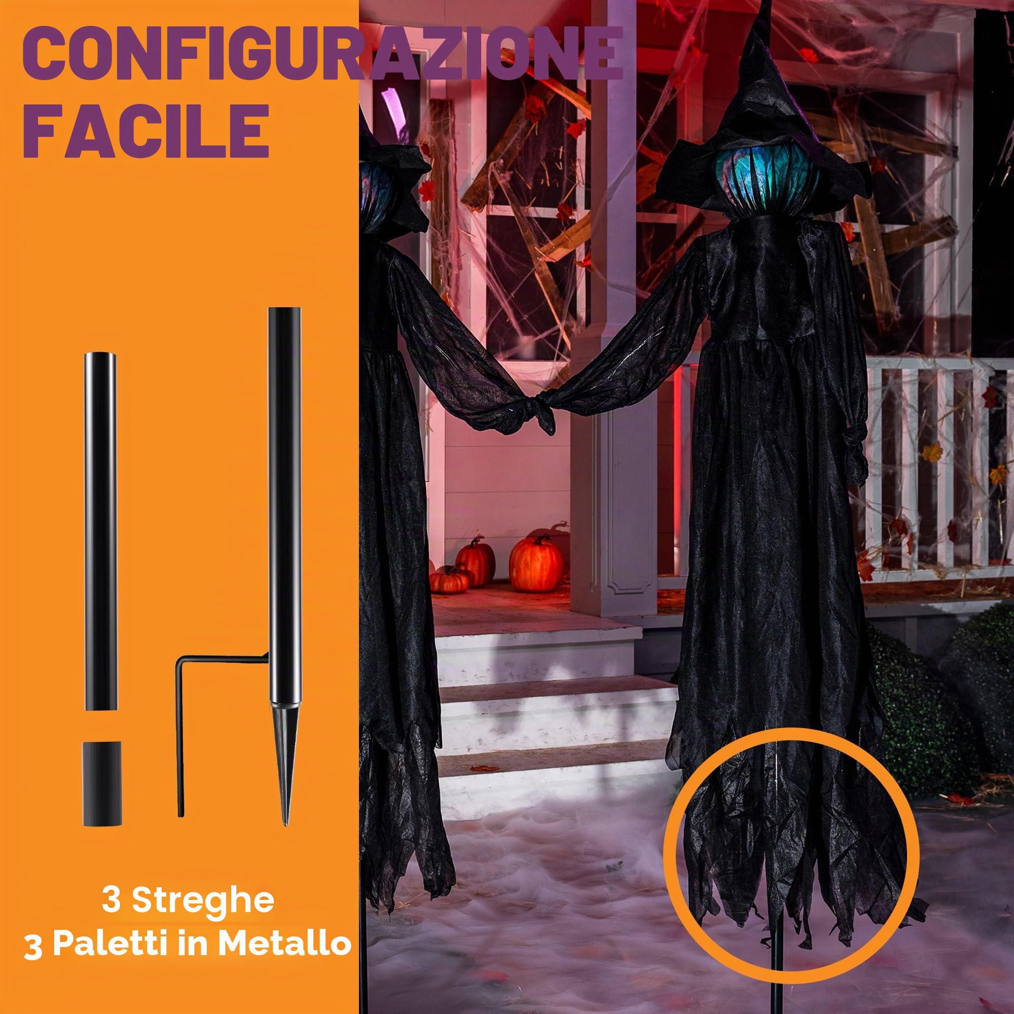 JOYIN Confezione da 3 decorazioni per strega di Halloween, con suono raccapricciante e testa luminosa (attivazione del suono) per Halloween, all'aperto, prato, cortile, decorazione per la casa