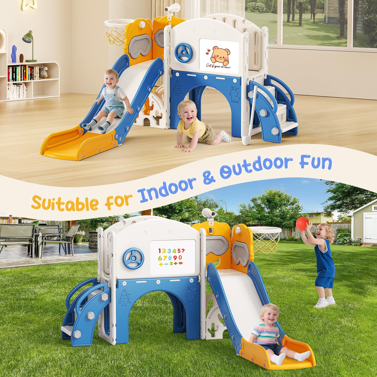 10-in-1 Kinderrutsche mit Basketballkorb und Golf für Kinder 1–6 Jahre