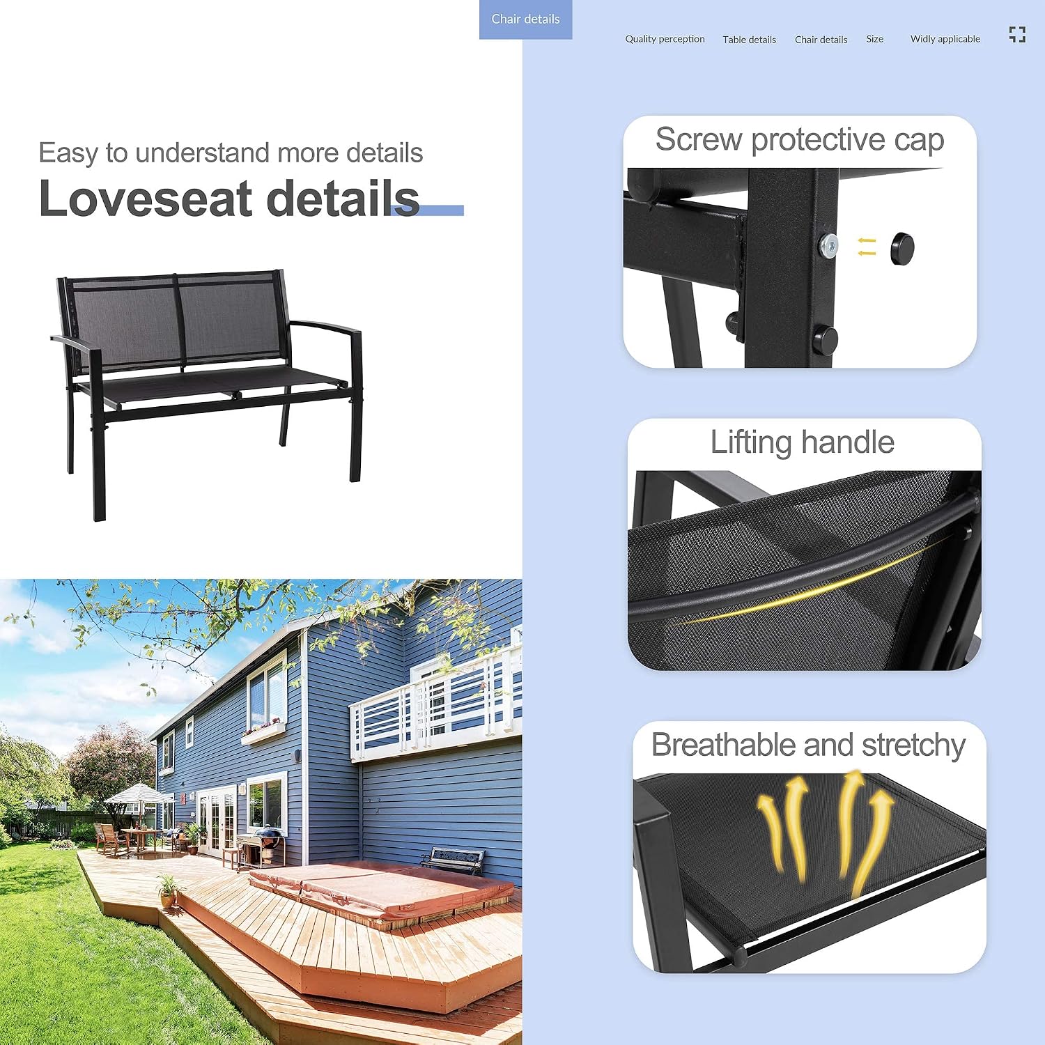 4 Pieces Patio Furniture, Textilene Metal Outdoor Furniture Set, Modern Conversation Set with Loveseat Tea Table, Small Outdoor Patio Chat Set for Backyard, Porch, Lawn and Balcony (Black)