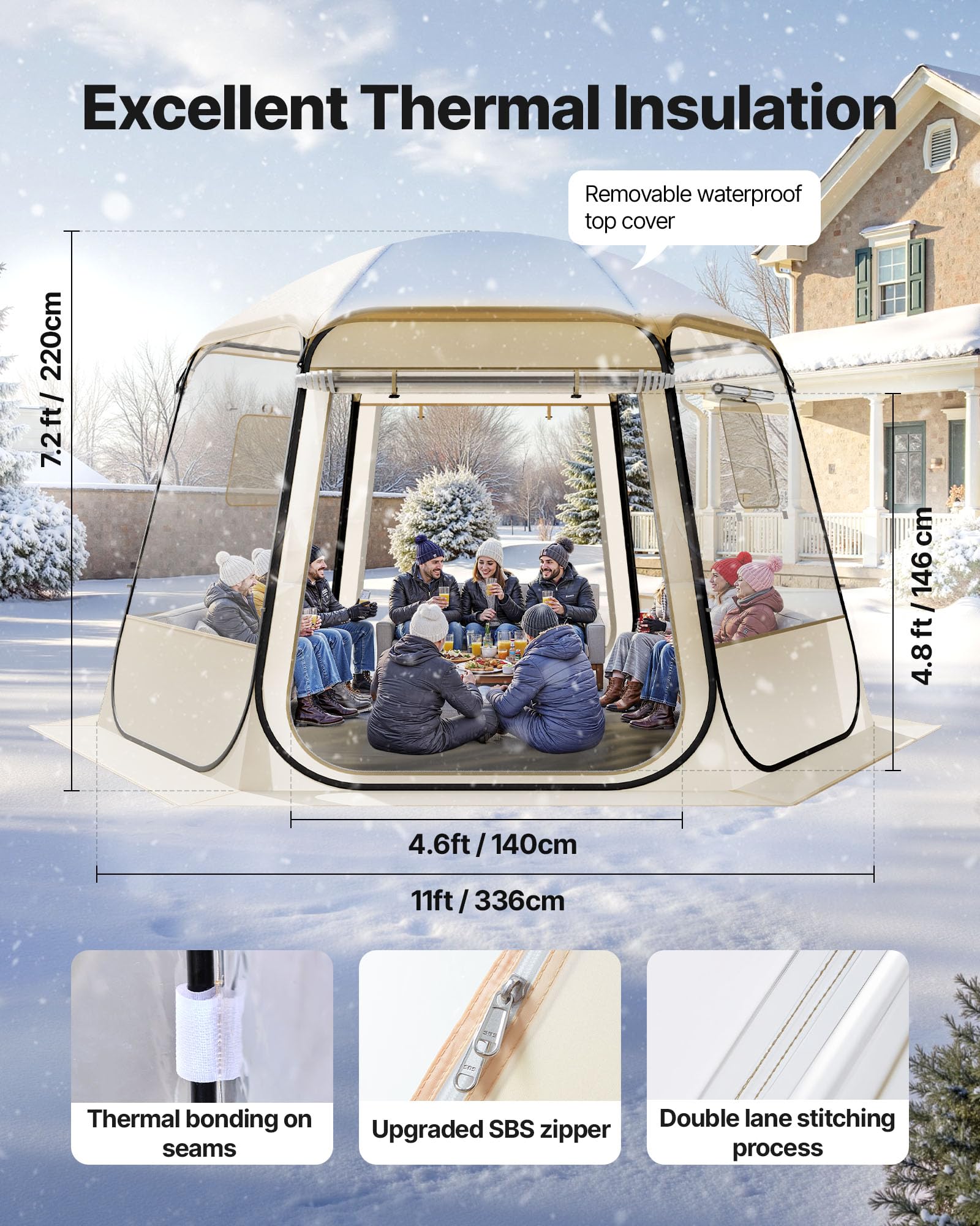 VEVOR Tienda de Campaña Plegable, 336 x 305 x 220 cm, Impermeable y Resistente a Los Rayos UV, Tienda Transparente con Ventanas y Vista Panorámica de 540° para 8-10 Personas para Patio y Jardín
