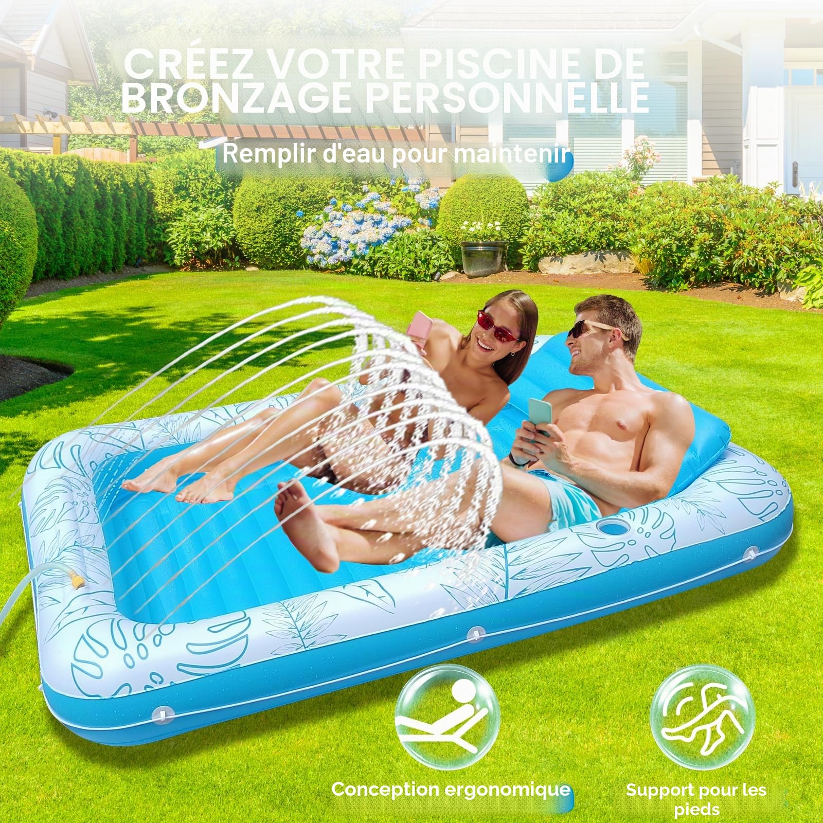 Chaise Longue Gonflable Extra Large de 215,9 x 144,8 cm avec arroseur et Porte-gobelet, Radeau de Piscine pour Adulte, pour Jardin, Plage ou lac, Rose/Bleu – PVC Durable, supporte 200 kg