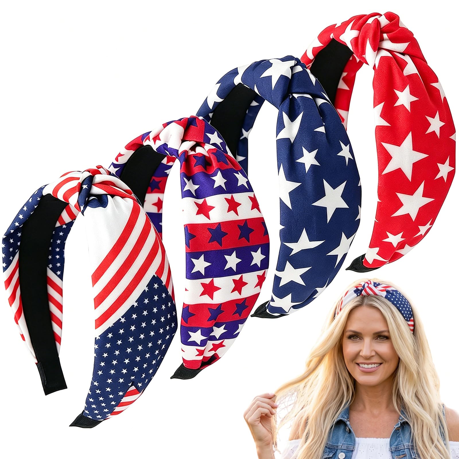 Miskate 4PCS American Flag Headbands for Women Girls Independence Day 4th of July Red White Blue Patriotic USA Bow Knotted Wide Headband Yoga Hair Band Hair Hoops Red Blue White 4