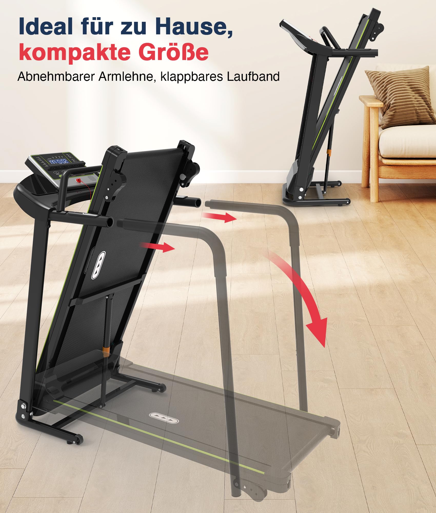 Redliro Laufband für Senioren mit Handläufen, sanfter Start ab 0,5 km/h | 300 lb Tragkraft,0–2 % Neigung,Transporträder,Auto-Schmierung, Bildschirm-Aus-Taste,Rehabilitations-Laufband für Zuhause