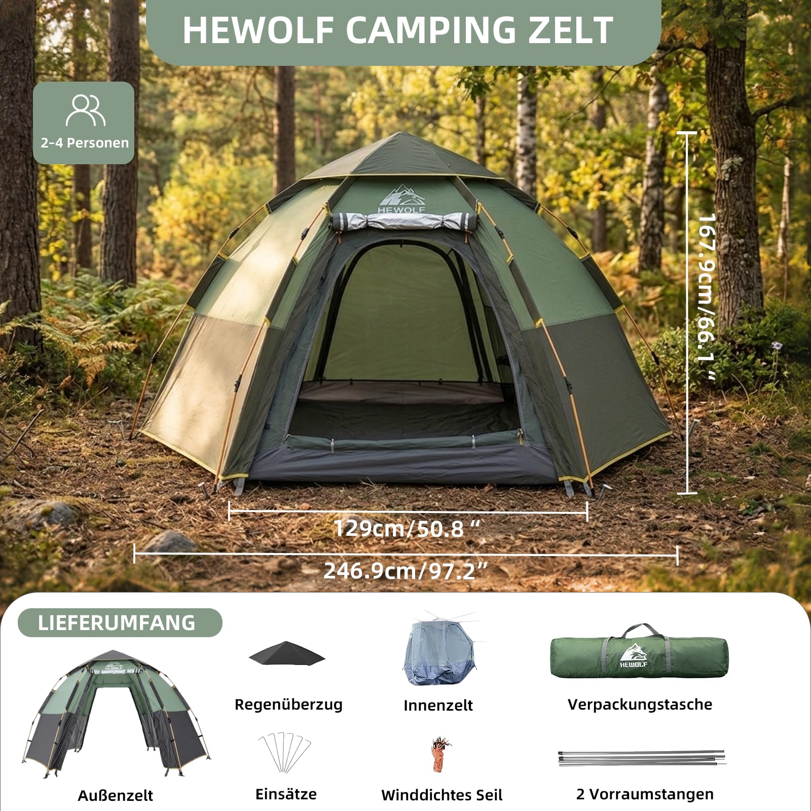Hewolf Camping Zelt - Zelt 2/3/4 Personen Wasserdicht mit Vorzelt Familienzelt Einfache Einrichtung Campingzelt Biwakzelt Tent, 2-4 Mann Sechseckigeszelt Pop Up Wurfzelt
