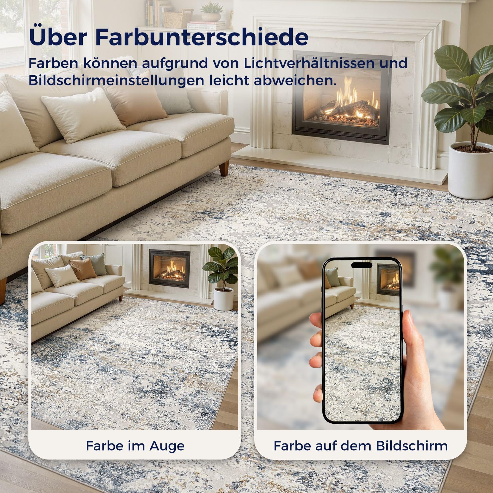 DMOYEST Teppich Wohnzimmer 200x300cm Modern Beige Blau Waschbar | Kurzflor Weich Maschinenwaschbar Rutschfest, Kinder und Haustierfreundlich für Schlafzimmer, Esszimmer und Büro