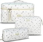 TOPALL Floral Cotton Quilted Makeup Bag, Classic Toiletry Bag with Pink Bow, Cosmetic Pouch for Women & Girls, Stylish Makeup Bag for Daily Use or Travel