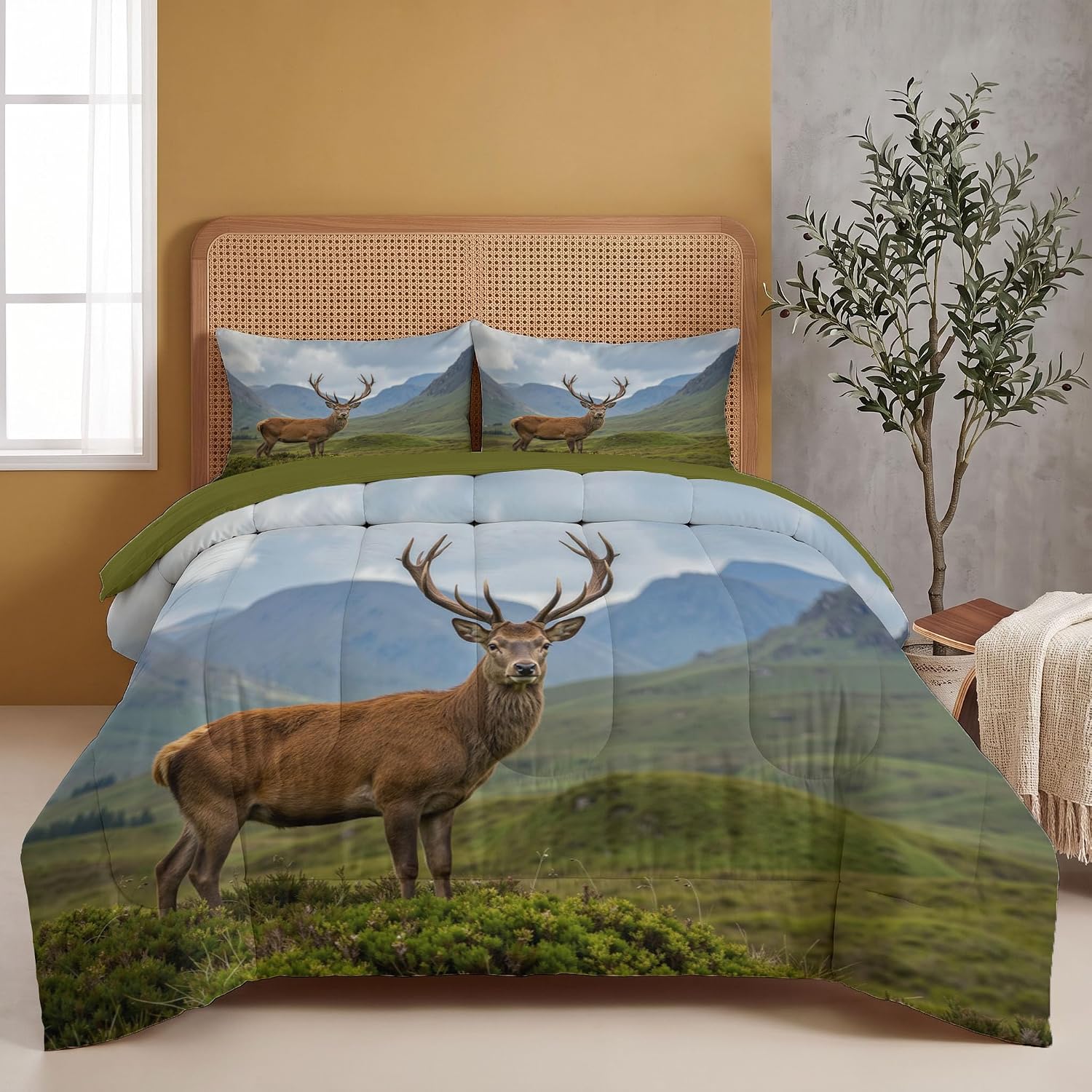 Natural Animals Comforter Set Queen Size, Deer Photography Print Breathable Bedding Set for Girls Boys Teens, Dark Brown Quilt Duvet with 2 Pillow Cases