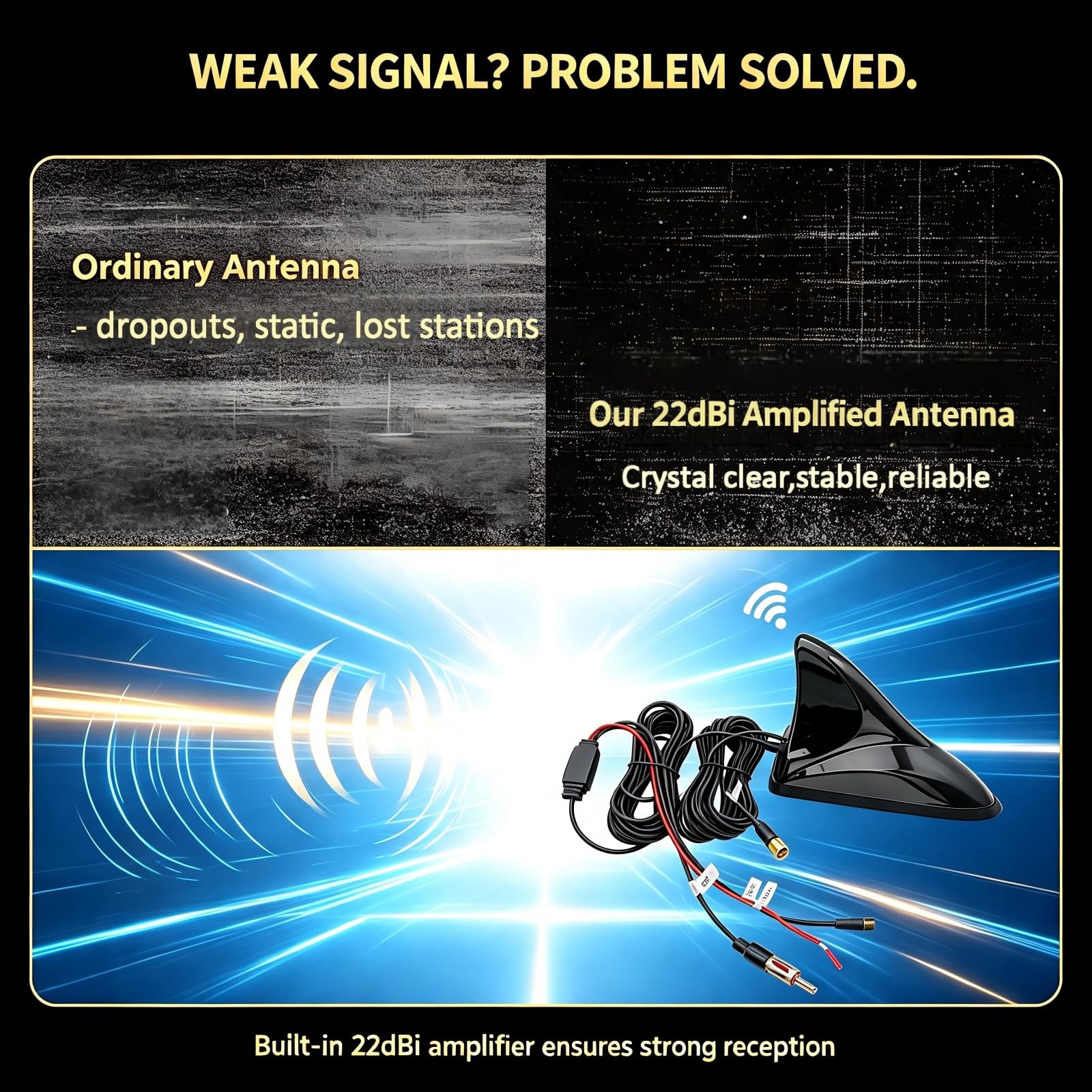 Antenne Requin Dab FM/AM GPS Amplifiée – 5m Câble SMB DIN SMA